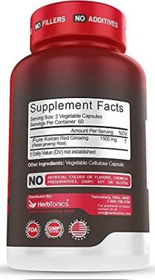 Ginseng rouge panax coréen | Complément alimentaire en capsules de 1500 mg de haute résistance - 120 pilules végétaliennes avec extrait de poudre de ginsénosides pour soutenir l'énergie, l'endurance, l'humeur et la performance