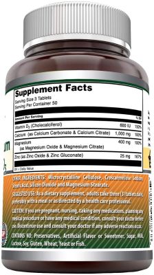 Calcium Magnesium Zinc + D3-Comprimés (Sans OGM, Sans Gluten) (Calcium 1000 mg - Magnésium 400 mg - Zinc 25 mg Plus Vitamine D3 600 UI - Par portion de 3 comprimés) (150 unités)