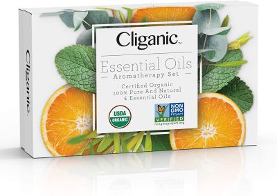 Huiles essentielles d'aromathérapie bio Cliganic | 100 % pures naturelles | Menthe poivrée, Eucalyptus, Arbre à thé et Orange | COFFRET CADEAU | PACK DE 4 FLACONS